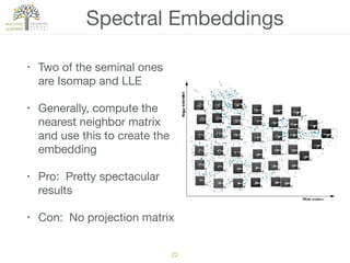 Spectral Embeddings
• Two of the seminal ones
are Isomap and LLE

• Generally, compute the
nearest neighbor matrix
and use this to create the
embedding

• Pro: Pretty spectacular
results

• Con: No projection matrix
22
 