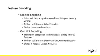 Feature	Encoding
6x	
• Labeled	Encoding
• Interpret	the	categories	as	ordered	integers	(mostly	
wrong)
• Python	scikit-learn:	LabelEncoder
• Ok	for	tree-based	methods
• One	Hot	Encoding
• Transform	categories	into	individual	binary	(0	or	1)	
features
• Python	scikit-learn:	DictVectorizer,	OneHotEncoder
• Ok	for	K-means,	Linear,	NNs,	etc.
 