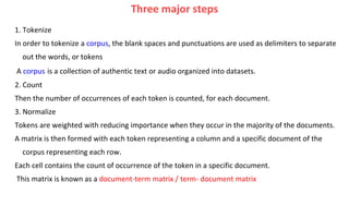 Three major steps
1. Tokenize
In order to tokenize a corpus, the blank spaces and punctuations are used as delimiters to separate
out the words, or tokens
A corpus is a collection of authentic text or audio organized into datasets.
2. Count
Then the number of occurrences of each token is counted, for each document.
3. Normalize
Tokens are weighted with reducing importance when they occur in the majority of the documents.
A matrix is then formed with each token representing a column and a specific document of the
corpus representing each row.
Each cell contains the count of occurrence of the token in a specific document.
This matrix is known as a document-term matrix / term- document matrix
 