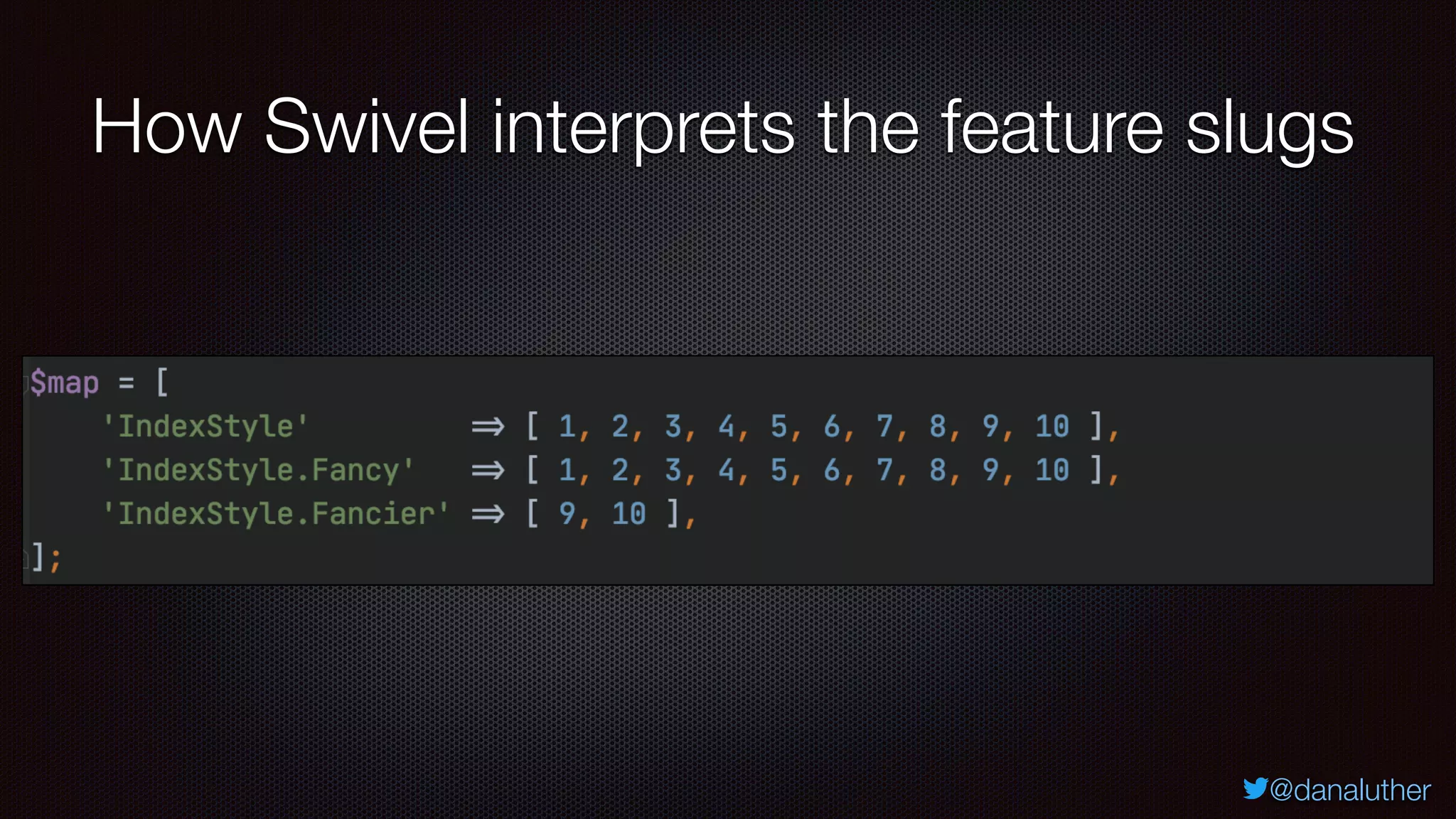 @danaluther
How Swivel interprets the feature slugs
 
