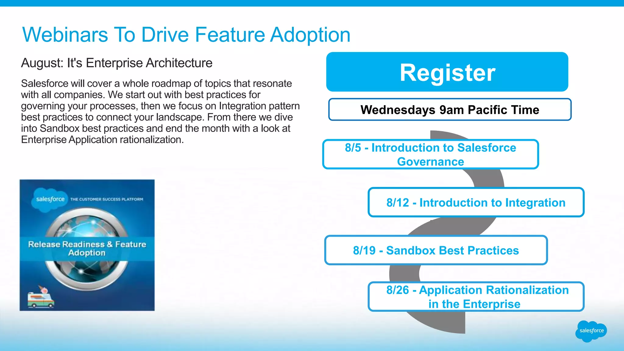 Webinars To Drive Feature Adoption
Register
Wednesdays 9am Pacific Time
8/12 - Introduction to Integration
8/19 - Sandbox Best Practices
8/26 - Application Rationalization
in the Enterprise
8/5 - Introduction to Salesforce
Governance
August: It's Enterprise Architecture
Salesforce will cover a whole roadmap of topics that resonate
with all companies. We start out with best practices for
governing your processes, then we focus on Integration pattern
best practices to connect your landscape. From there we dive
into Sandbox best practices and end the month with a look at
Enterprise Application rationalization.
 