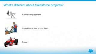 What's different about Salesforce projects?
Business engagement
Project has a start but no finish
Speed
 