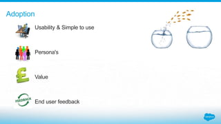 Usability & Simple to use
Persona's
Value
End user feedback
Adoption
 