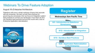 Webinars To Drive Feature Adoption
Register
Wednesdays 9am Pacific Time
8/12 - Introduction to Integration
8/19 - Sandbox Best Practices
8/26 - Application Rationalization
in the Enterprise
8/5 - Introduction to Salesforce
Governance
August: It's Enterprise Architecture
Salesforce will cover a whole roadmap of topics that resonate
with all companies. We start out with best practices for
governing your processes, then we focus on Integration pattern
best practices to connect your landscape. From there we dive
into Sandbox best practices and end the month with a look at
Enterprise Application rationalization.
 