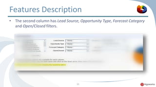 Features Description 
• The second column has Lead Source, Opportunity Type, Forecast Category 
11 
and Open/Closed filters. 
 