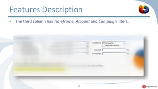 Features Description 
• The third column has Timeframe, Account and Campaign filters. 
12 
 
