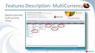 Features Description- MultiCurrency 
32 
Pipeline view with 
multi-currency 
shown. 
 