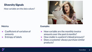 FeatureByte 12
Diversity Signals
How variable are the data values?
Metrics
● Coefﬁcient of variation of
amounts
● Entropy of labels
Examples
● How variable are the monthly invoice
amounts over the past 6 months?
● How stable is a patient's blood pressure?
● Does a customer always purchase similar
products?
 