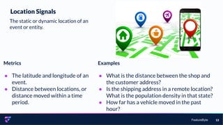 FeatureByte 13
Location Signals
The static or dynamic location of an
event or entity.
Metrics
● The latitude and longitude of an
event.
● Distance between locations, or
distance moved within a time
period.
Examples
● What is the distance between the shop and
the customer address?
● Is the shipping address in a remote location?
What is the population density in that state?
● How far has a vehicle moved in the past
hour?
 