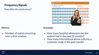 FeatureByte 16
Frequency Signals
How often do events occur?
Metrics
● Number of events occurring
over a time window.
Examples
● How many hospital admissions has the
patient had in the past 12 months?
● How many international phone calls has a
customer made in the past month?
 