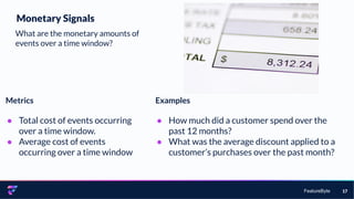 FeatureByte 17
Monetary Signals
What are the monetary amounts of
events over a time window?
Metrics
● Total cost of events occurring
over a time window.
● Average cost of events
occurring over a time window
Examples
● How much did a customer spend over the
past 12 months?
● What was the average discount applied to a
customer’s purchases over the past month?
 