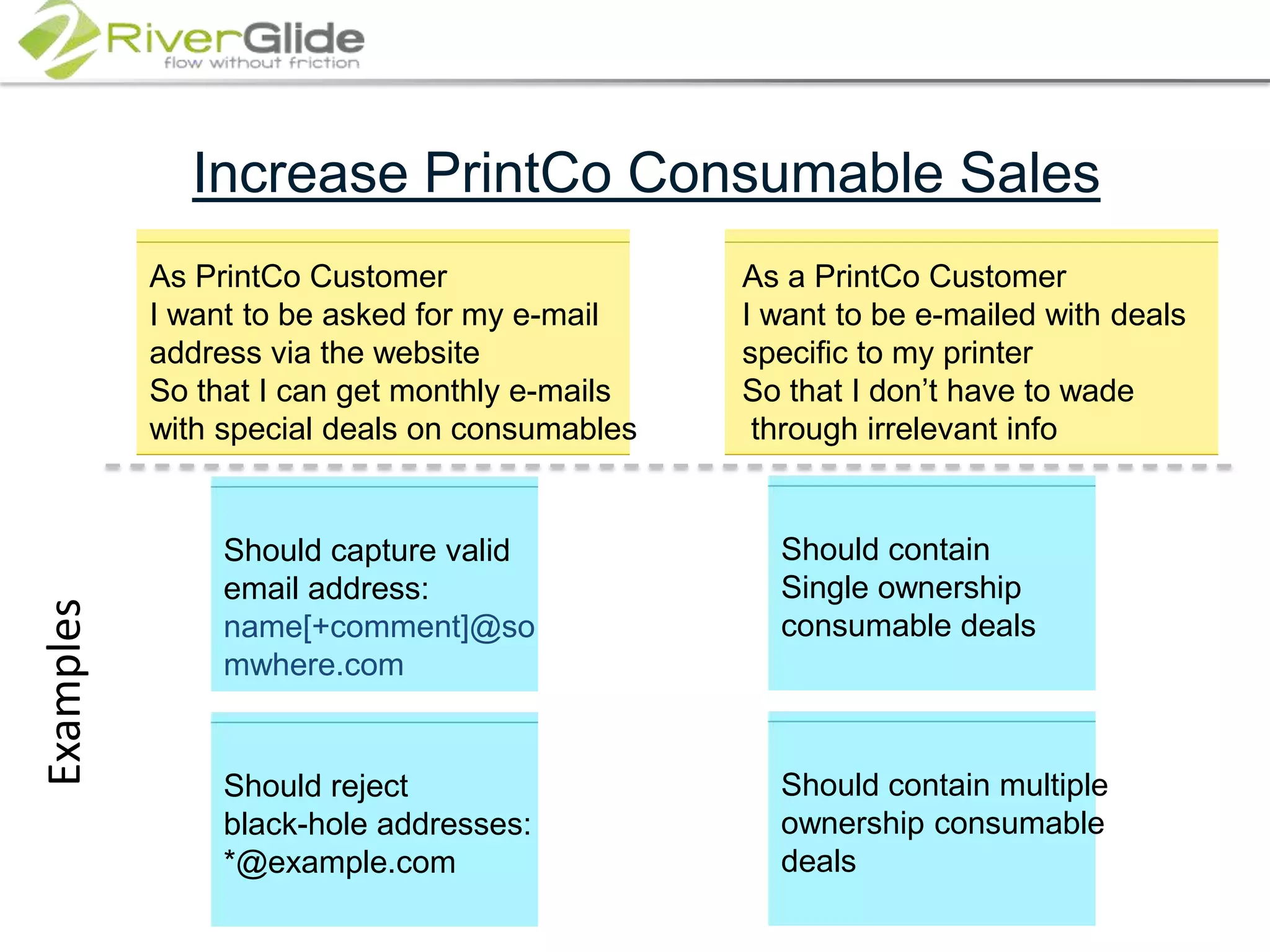 Increase PrintCo Consumable SalesAs PrintCo CustomerI want to be asked for my e-mail address via the websiteSo that I can get monthly e-mails with special deals on consumablesAs a PrintCo CustomerI want to be e-mailed with deals specific to my printerSo that I don’t have to wade through irrelevant infoShould capture valid email address:name[+comment]@somwhere.comShould reject black-hole addresses: *@example.comShould contain Single ownership consumable dealsShould contain multiple ownership consumable dealsExamples