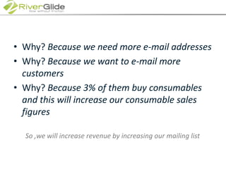Why? Because we need more e-mail addressesWhy? Because we want to e-mail more customersWhy? Because 3% of them buy consumables and this will increase our consumable sales figuresSo ,we will increase revenue by increasing our mailing list