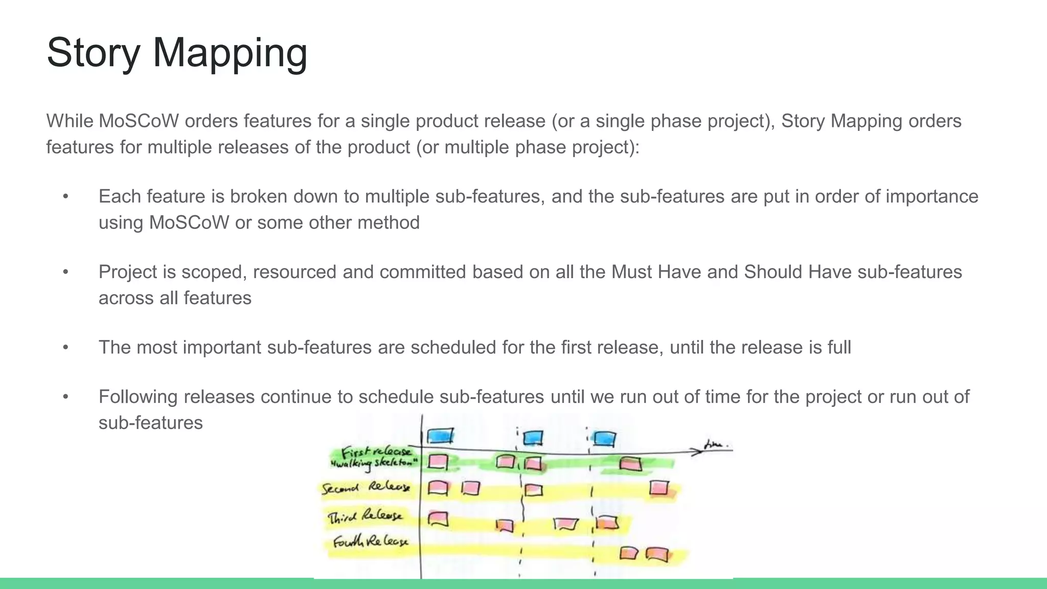 Story Mapping
While MoSCoW orders features for a single product release (or a single phase project), Story Mapping orders
features for multiple releases of the product (or multiple phase project):
• Each feature is broken down to multiple sub-features, and the sub-features are put in order of importance
using MoSCoW or some other method
• Project is scoped, resourced and committed based on all the Must Have and Should Have sub-features
across all features
• The most important sub-features are scheduled for the first release, until the release is full
• Following releases continue to schedule sub-features until we run out of time for the project or run out of
sub-features
 