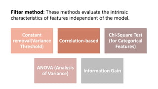 Constant
removal(Variance
Threshold)
Correlation-based
Chi-Square Test
(for Categorical
Features)
ANOVA (Analysis
of Variance)
Information Gain
Filter method: These methods evaluate the intrinsic
characteristics of features independent of the model.
 