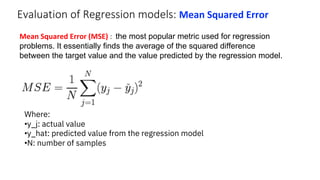 Evaluation of Regression models: Mean Squared Error
Mean Squared Error (MSE) : the most popular metric used for regression
problems. It essentially finds the average of the squared difference
between the target value and the value predicted by the regression model.
Where:
•y_j: actual value
•y_hat: predicted value from the regression model
•N: number of samples
 