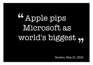 Apple pips
Microsoft as
world's biggest 
Reuters,	
  May	
  27,	
  2010	
  
“
“
 