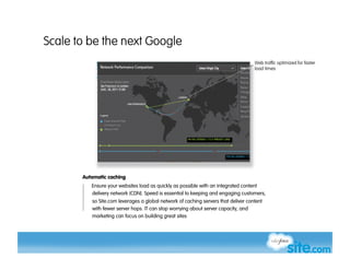 Scale to be the next Google
                                                                                    Web traffic optimized for faster
                                                                                    load times




       Automatic caching
          Ensure your websites load as quickly as possible with an integrated content
          delivery network (CDN). Speed is essential to keeping and engaging customers,
          so Site.com leverages a global network of caching servers that deliver content
          with fewer server hops. IT can stop worrying about server capacity, and
          marketing can focus on building great sites
 