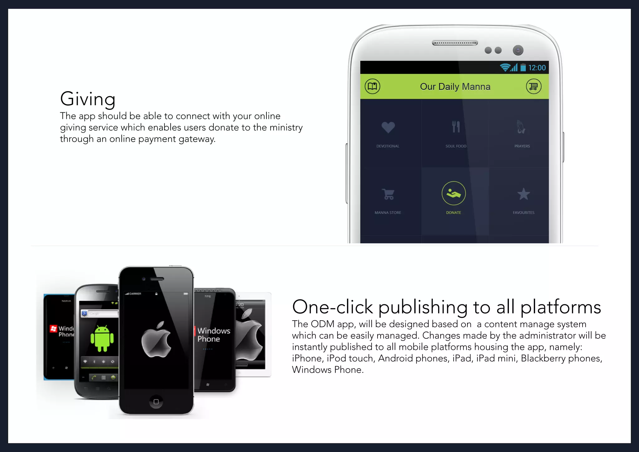 Giving
The app should be able to connect with your online
giving service which enables users donate to the ministry
through an online payment gateway.
One-click publishing to all platforms
The ODM app, will be designed based on a content manage system
which can be easily managed. Changes made by the administrator will be
instantly published to all mobile platforms housing the app, namely:
iPhone, iPod touch, Android phones, iPad, iPad mini, Blackberry phones,
Windows Phone.
 