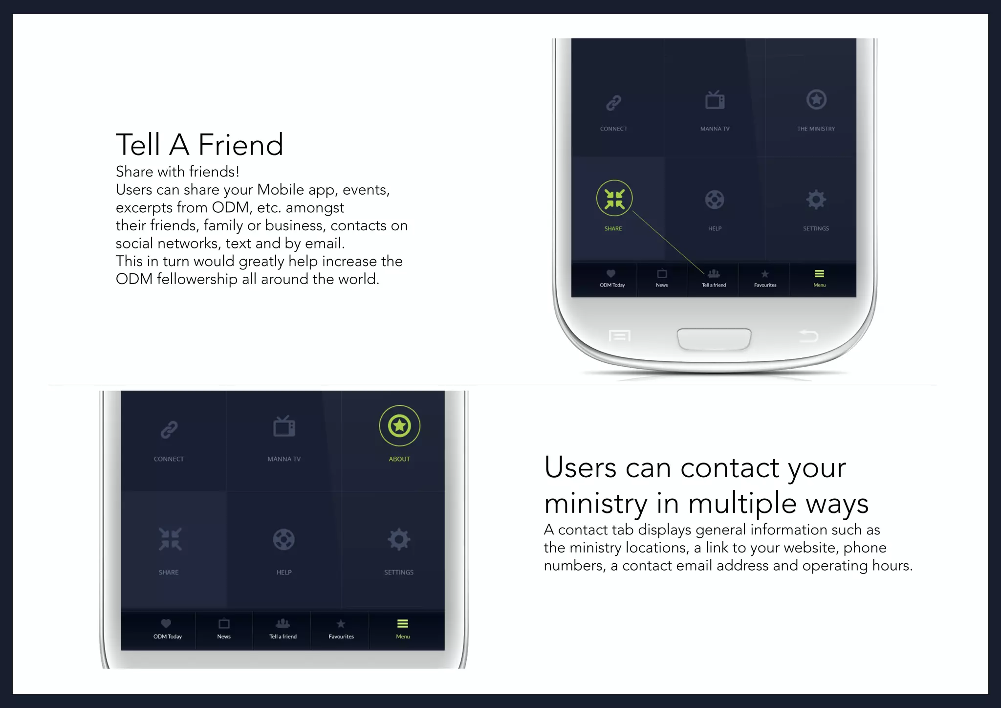 Tell A Friend
Share with friends!
Users can share your Mobile app, events,
excerpts from ODM, etc. amongst
their friends, family or business, contacts on
social networks, text and by email.
This in turn would greatly help increase the
ODM fellowership all around the world.
Users can contact your
ministry in multiple ways
A contact tab displays general information such as
the ministry locations, a link to your website, phone
numbers, a contact email address and operating hours.
 