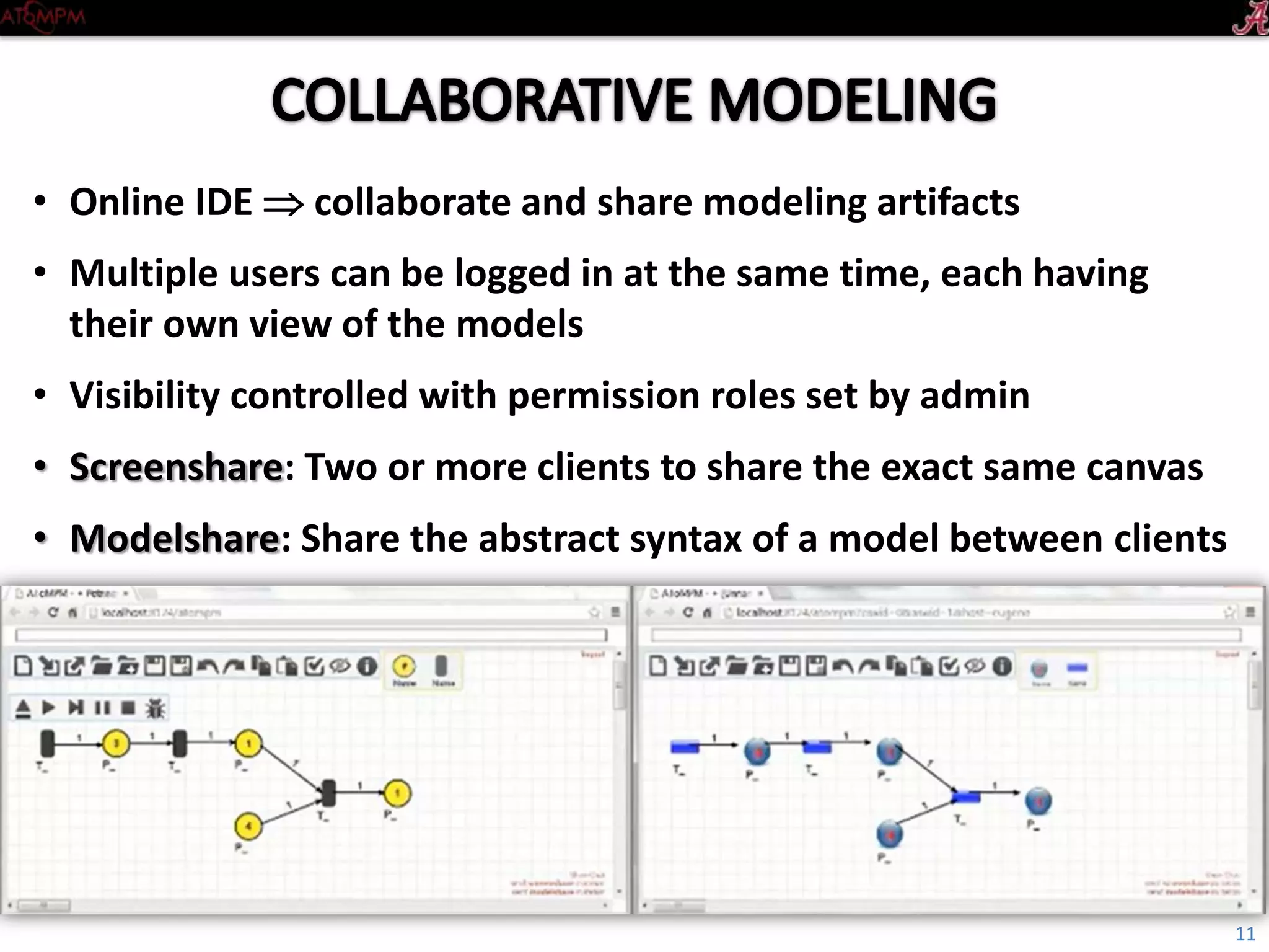 • Online IDE  collaborate and share modeling artifacts
• Multiple users can be logged in at the same time, each having
their own view of the models
• Visibility controlled with permission roles set by admin
• Screenshare: Two or more clients to share the exact same canvas
• Modelshare: Share the abstract syntax of a model between clients
11
 