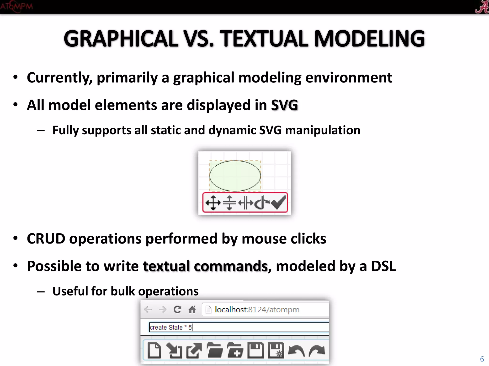 • Currently, primarily a graphical modeling environment
• All model elements are displayed in SVG
– Fully supports all static and dynamic SVG manipulation
• CRUD operations performed by mouse clicks
• Possible to write textual commands, modeled by a DSL
– Useful for bulk operations
6
 