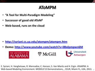 • “A Tool for Multi-Paradigm Modeling”
• Successor of good old AToM3
• Web-based, runs on the cloud
• http://syriani.cs.ua.edu/atompm/atompm.htm
• Demo: http://www.youtube.com/watch?v=iBbdpmpwn6M
2
E. Syriani, H. Vangheluwe, R. Mannadiar, C. Hansen, S. Van Mierlo and H. Ergin. AToMPM: A
Web-based Modeling Environment. MODELS'13 Demonstrations, , CEUR, Miami FL, USA, 2013.
 