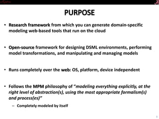 • Research framework from which you can generate domain-specific
modeling web-based tools that run on the cloud
• Open-source framework for designing DSML environments, performing
model transformations, and manipulating and managing models
• Runs completely over the web: OS, platform, device independent
• Follows the MPM philosophy of “modeling everything explicitly, at the
right level of abstraction(s), using the most appropriate formalism(s)
and process(es)”
– Completely modeled by itself
3
 