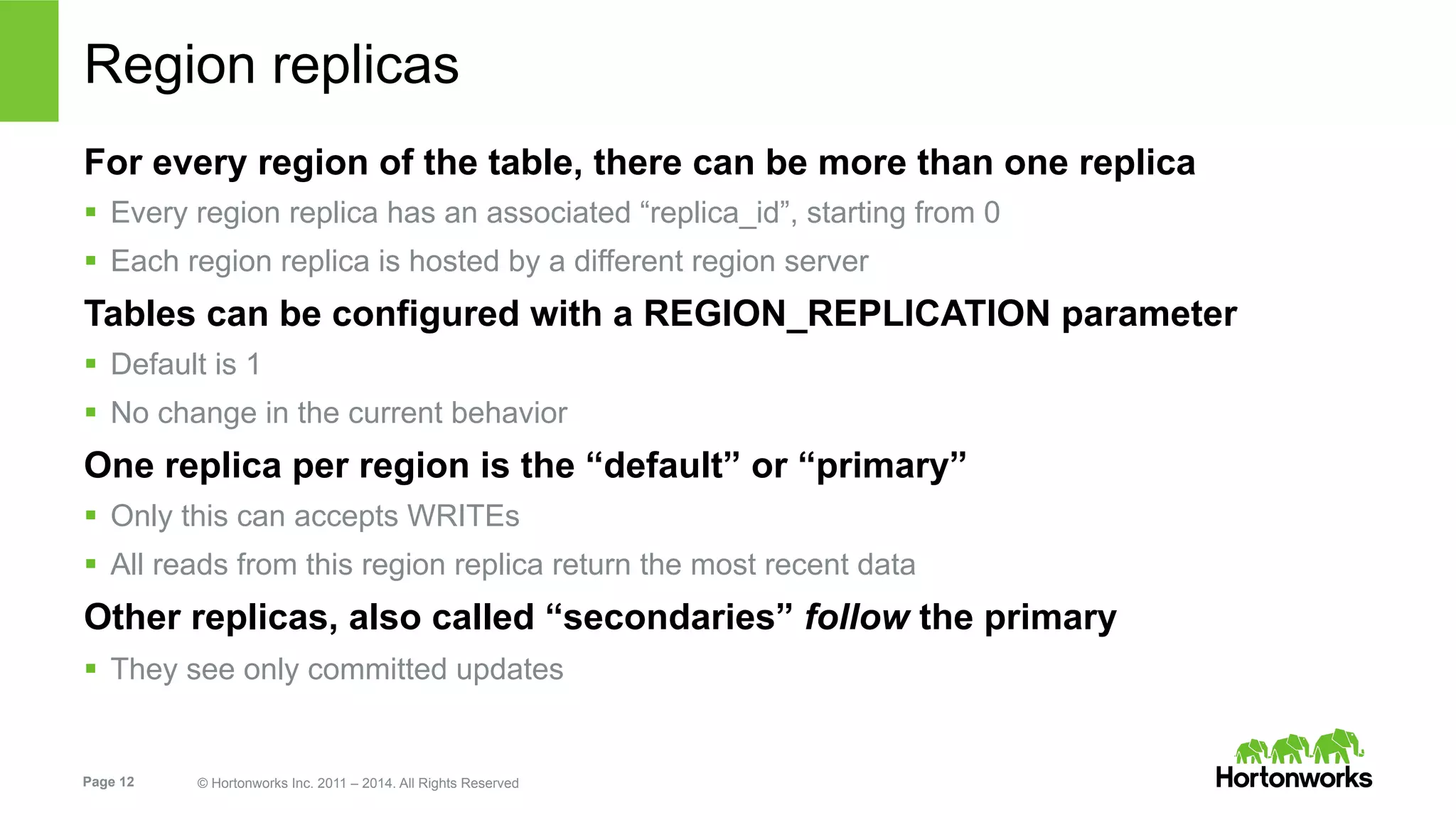 Page 12 © Hortonworks Inc. 2011 – 2014. All Rights Reserved
Region replicas
For every region of the table, there can be more than one replica
§  Every region replica has an associated “replica_id”, starting from 0
§  Each region replica is hosted by a different region server
Tables can be configured with a REGION_REPLICATION parameter
§  Default is 1
§  No change in the current behavior
One replica per region is the “default” or “primary”
§  Only this can accepts WRITEs
§  All reads from this region replica return the most recent data
Other replicas, also called “secondaries” follow the primary
§  They see only committed updates
 