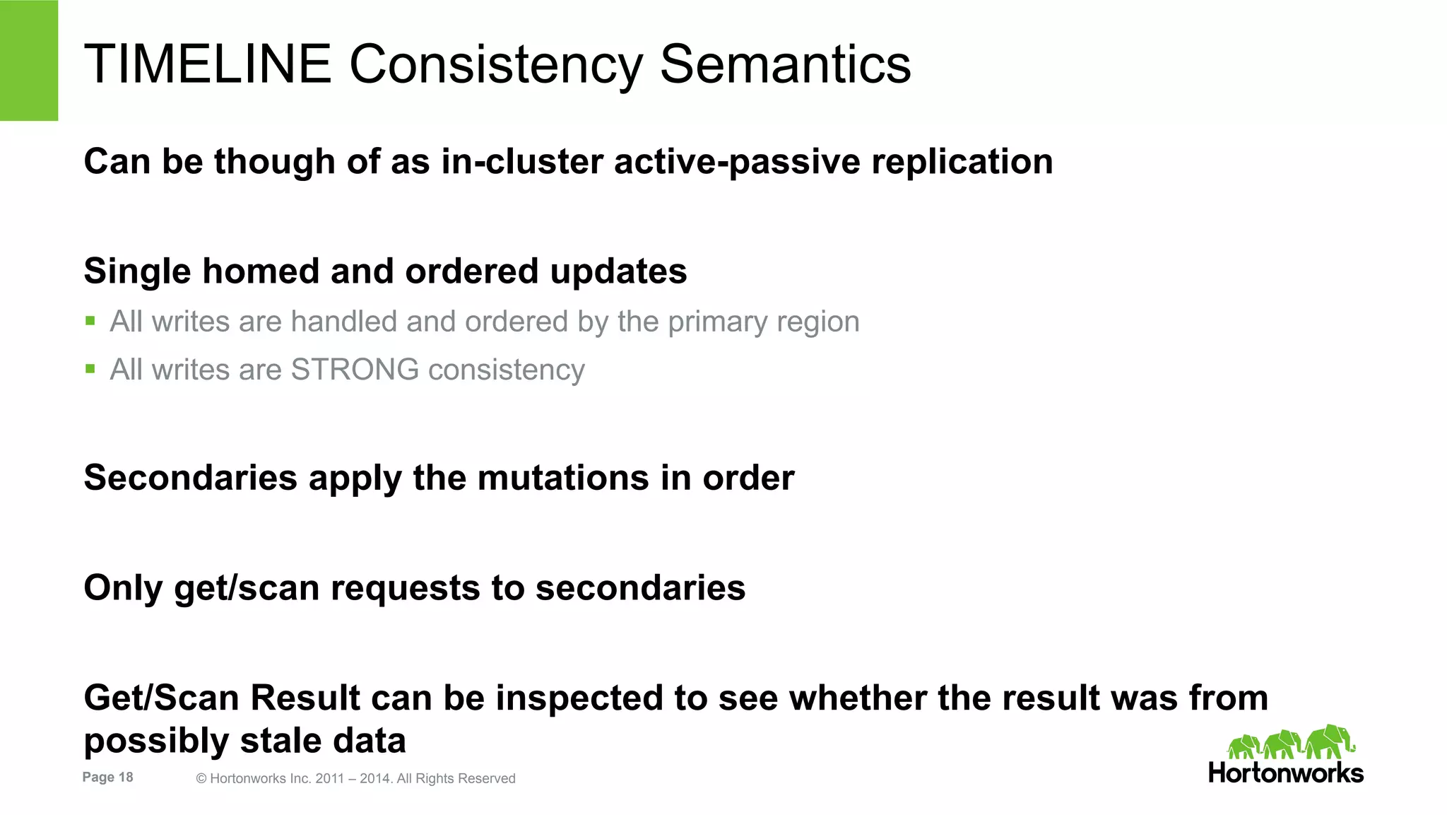 Page 18 © Hortonworks Inc. 2011 – 2014. All Rights Reserved
TIMELINE Consistency Semantics
Can be though of as in-cluster active-passive replication
Single homed and ordered updates
§  All writes are handled and ordered by the primary region
§  All writes are STRONG consistency
Secondaries apply the mutations in order
Only get/scan requests to secondaries
Get/Scan Result can be inspected to see whether the result was from
possibly stale data
 