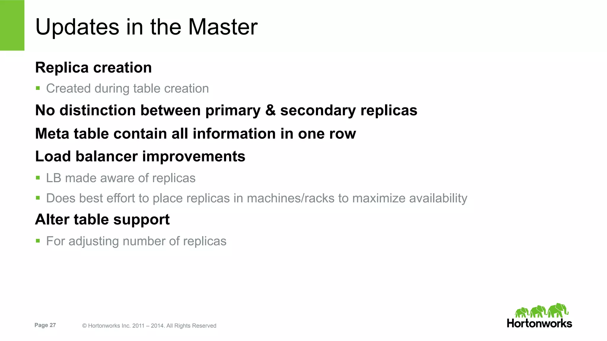 Page 27 © Hortonworks Inc. 2011 – 2014. All Rights Reserved
Updates in the Master
Replica creation
§  Created during table creation
No distinction between primary & secondary replicas
Meta table contain all information in one row
Load balancer improvements
§  LB made aware of replicas
§  Does best effort to place replicas in machines/racks to maximize availability
Alter table support
§  For adjusting number of replicas
 