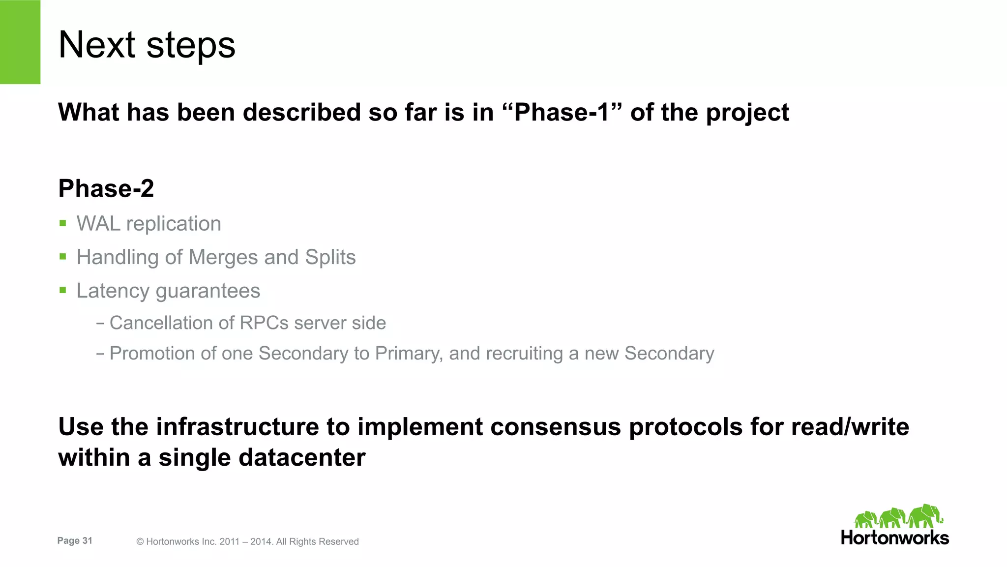 Page 31 © Hortonworks Inc. 2011 – 2014. All Rights Reserved
Next steps
What has been described so far is in “Phase-1” of the project
Phase-2
§  WAL replication
§  Handling of Merges and Splits
§  Latency guarantees
– Cancellation of RPCs server side
– Promotion of one Secondary to Primary, and recruiting a new Secondary
Use the infrastructure to implement consensus protocols for read/write
within a single datacenter
 