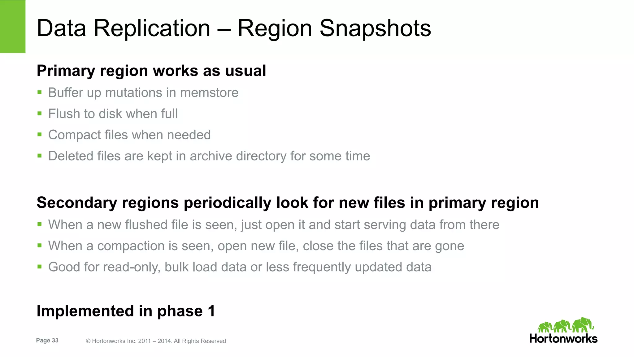 Page 33 © Hortonworks Inc. 2011 – 2014. All Rights Reserved
Data Replication – Region Snapshots
Primary region works as usual
§  Buffer up mutations in memstore
§  Flush to disk when full
§  Compact files when needed
§  Deleted files are kept in archive directory for some time
Secondary regions periodically look for new files in primary region
§  When a new flushed file is seen, just open it and start serving data from there
§  When a compaction is seen, open new file, close the files that are gone
§  Good for read-only, bulk load data or less frequently updated data
Implemented in phase 1
 