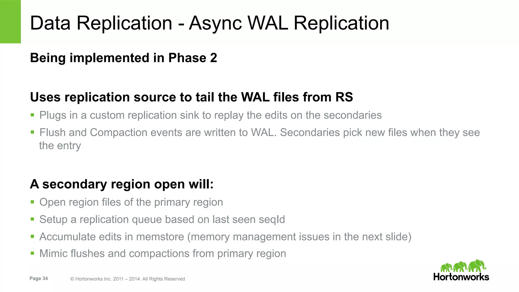 Page 34 © Hortonworks Inc. 2011 – 2014. All Rights Reserved
Data Replication - Async WAL Replication
Being implemented in Phase 2
Uses replication source to tail the WAL files from RS
§  Plugs in a custom replication sink to replay the edits on the secondaries
§  Flush and Compaction events are written to WAL. Secondaries pick new files when they see
the entry
A secondary region open will:
§  Open region files of the primary region
§  Setup a replication queue based on last seen seqId
§  Accumulate edits in memstore (memory management issues in the next slide)
§  Mimic flushes and compactions from primary region
 