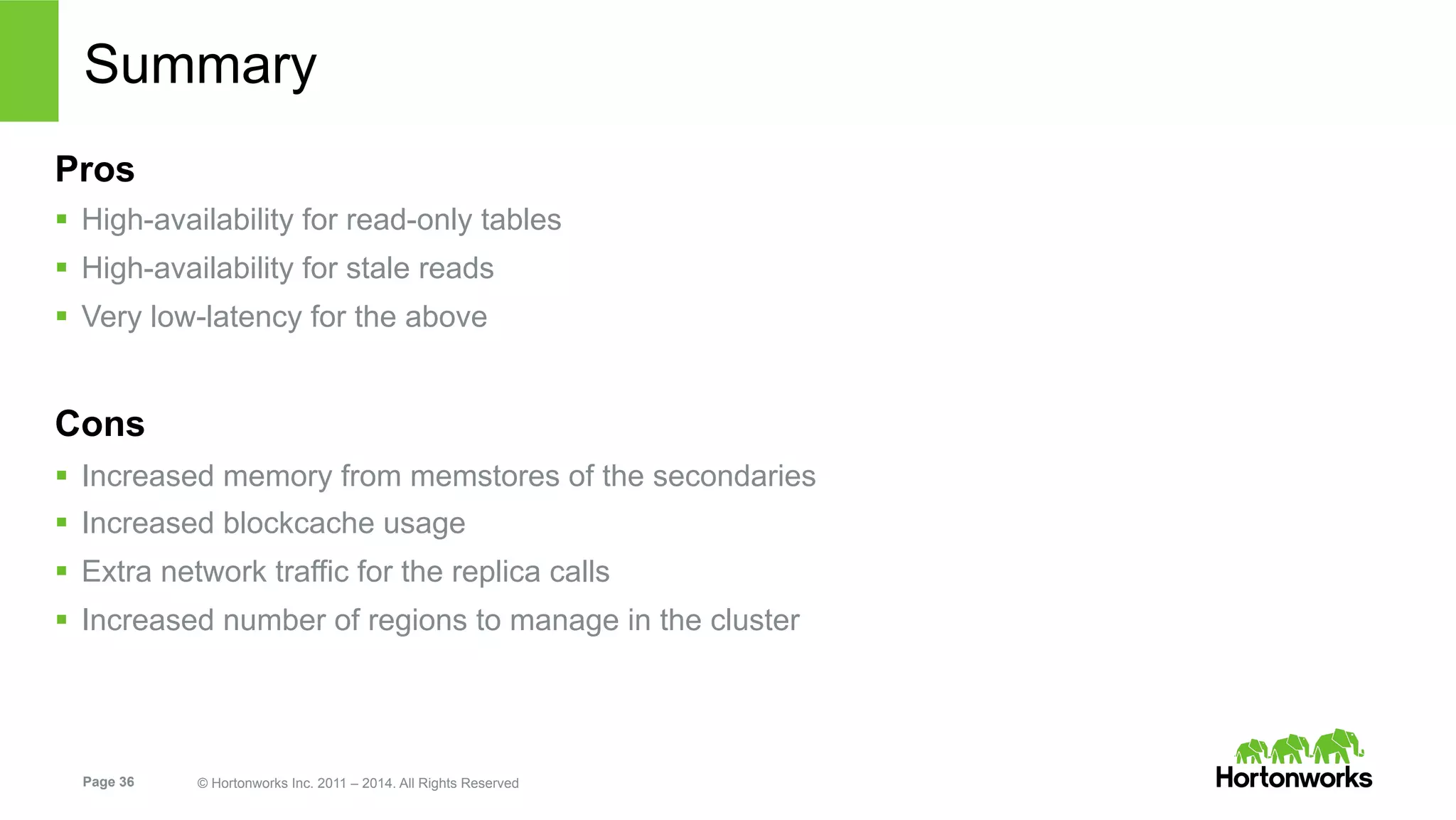 Page 36 © Hortonworks Inc. 2011 – 2014. All Rights Reserved
Summary
Pros
§  High-availability for read-only tables
§  High-availability for stale reads
§  Very low-latency for the above
Cons
§  Increased memory from memstores of the secondaries
§  Increased blockcache usage
§  Extra network traffic for the replica calls
§  Increased number of regions to manage in the cluster
 