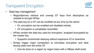Transparent Encryption
• Data key management
– RegionServers retrieve and unwrap CF keys from descriptors as
needed to enc...