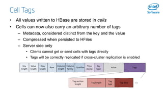 Cell Tags
• All values written to HBase are stored in cells
• Cells can now also carry an arbitrary number of tags
– Metad...