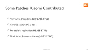  New write thread model(HBASE-8755)
 Reverse scan(HBASE-4811)
 Per table/cf replication(HBASE-8751)
 Block index key optimization(HBASE-7845)
20www.mi.com
Some Patches Xiaomi Contributed
 