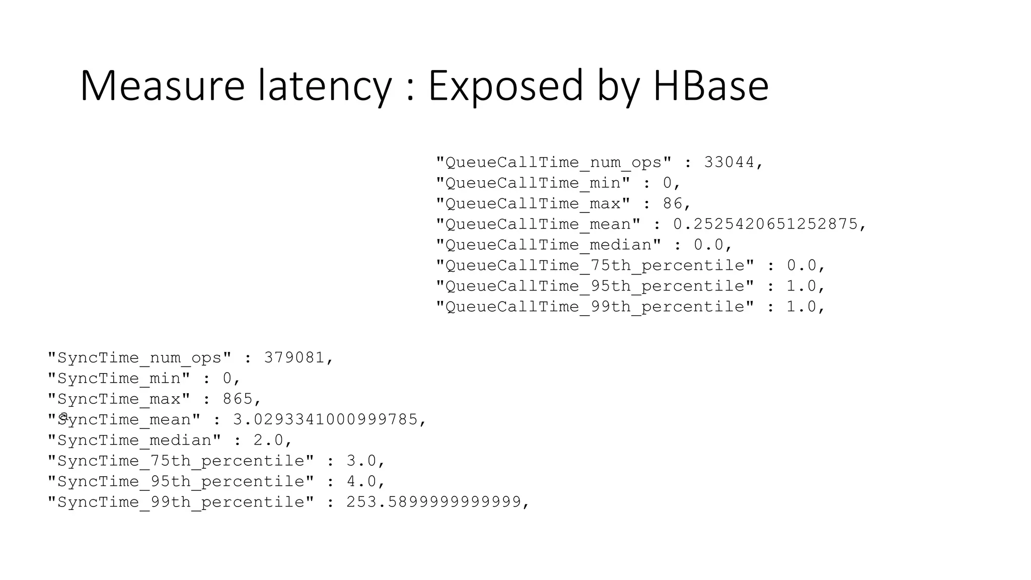 Measure latency : Exposed by HBase
"QueueCallTime_num_ops" : 33044,
"QueueCallTime_min" : 0,
"QueueCallTime_max" : 86,
"QueueCallTime_mean" : 0.2525420651252875,
"QueueCallTime_median" : 0.0,
"QueueCallTime_75th_percentile" : 0.0,
"QueueCallTime_95th_percentile" : 1.0,
"QueueCallTime_99th_percentile" : 1.0,
a
"SyncTime_num_ops" : 379081,
"SyncTime_min" : 0,
"SyncTime_max" : 865,
"SyncTime_mean" : 3.0293341000999785,
"SyncTime_median" : 2.0,
"SyncTime_75th_percentile" : 3.0,
"SyncTime_95th_percentile" : 4.0,
"SyncTime_99th_percentile" : 253.5899999999999,
 