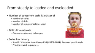 From steady to loaded and oveloaded
• Number of concurrent tasks is a factor of
• Number of cores
• Number of disks
• Number of remote machines used
• Difficult to estimate
• Queues are doomed to happen
• So for low latency
• Specific Scheduler since Hbase 0.98 (HBASE-8884). Requires specific code.
• Priorities: work in progress.
 