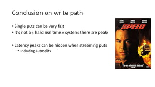 Conclusion on write path
• Single puts can be very fast
• It’s not a « hard real time » system: there are peaks
• Latency peaks can be hidden when streaming puts
• Including autosplits
 