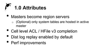 1.0 Attributes
• Masters become region servers
o (Optional) only system tables are hosted in active
master
• Cell level ACL / HFile v3 completion
• Dist log replay enabled by default
• Perf improvements
 