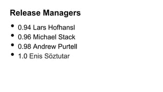 Release Managers
• 0.94 Lars Hofhansl
• 0.96 Michael Stack
• 0.98 Andrew Purtell
• 1.0 Enis Söztutar
 