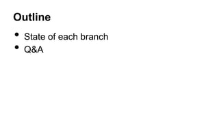 Outline
• State of each branch
• Q&A
 