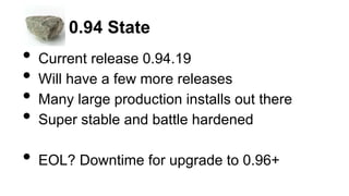 0.94 State
• Current release 0.94.19
• Will have a few more releases
• Many large production installs out there
• Super stable and battle hardened
• EOL? Downtime for upgrade to 0.96+
 
