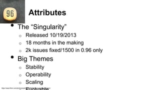 • The “Singularity”
o Released 10/19/2013
o 18 months in the making
o 2k issues fixed/1500 in 0.96 only
• Big Themes
o Stability
o Operability
o Scaling
https://www.flickr.com/photos/sysli/3026288256/sizes/q/in/photostream/
Attributes
 