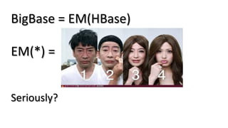 BigBase	
  =	
  EM(HBase)	
  
EM(*)	
  =	
  
Seriously?	
  
 