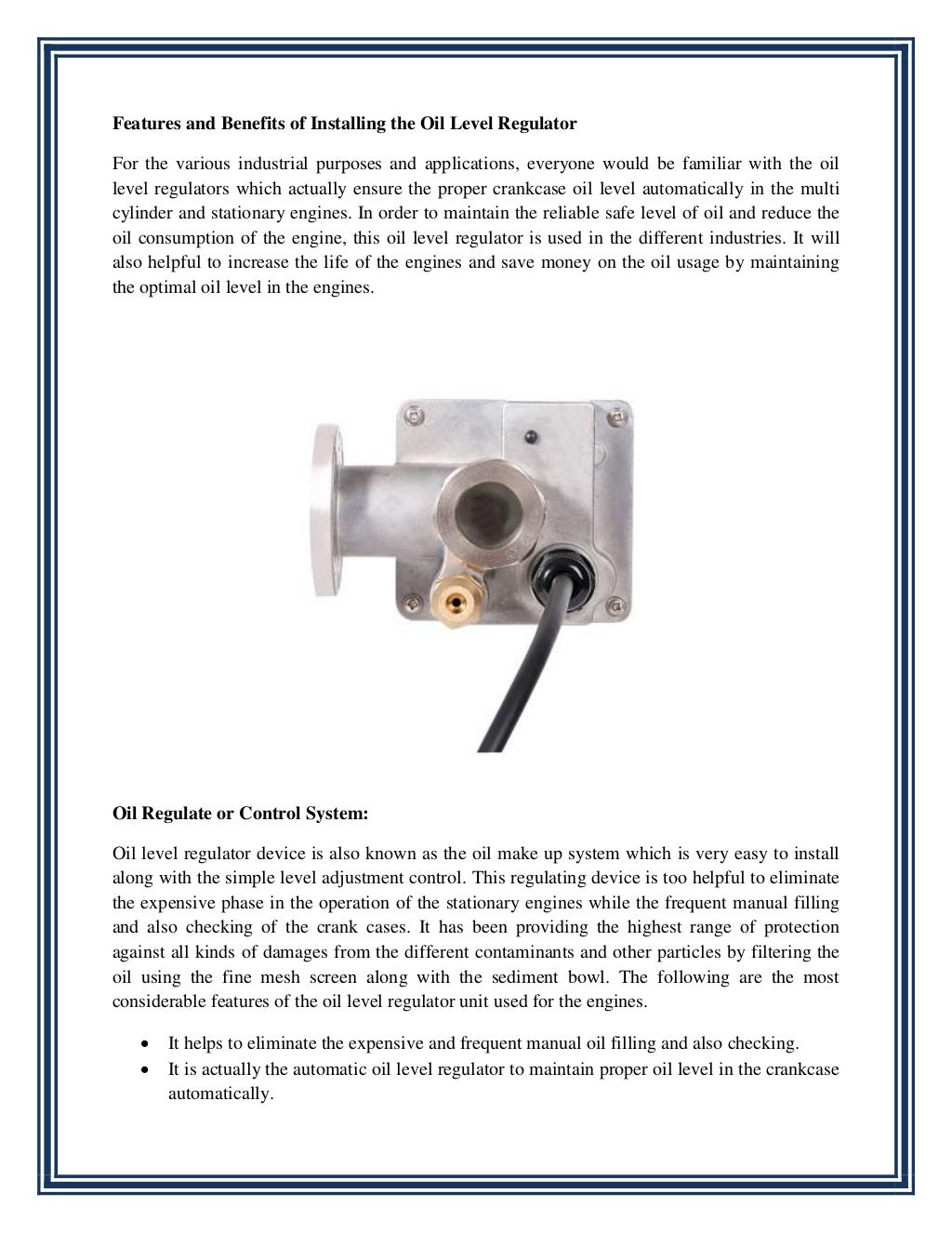 Features and benefits of installing the oil level regulator