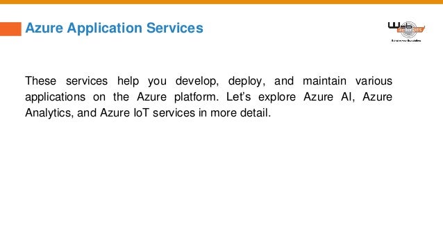 Azure Application Services
These services help you develop, deploy, and maintain various
applications on the Azure platform. Let’s explore Azure AI, Azure
Analytics, and Azure IoT services in more detail.
 