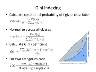 Gini	
  indexing	
  
•  Calculate	
  condi7onal	
  probability	
  of	
  f	
  given	
  class	
  label	
  
	
  
•  Normalize	
  across	
  all	
  classes	
  
	
  
•  Calculate	
  Gini	
  coeﬃcient	
  
	
  
	
  
•  For	
  two	
  categories	
  case	
  

 